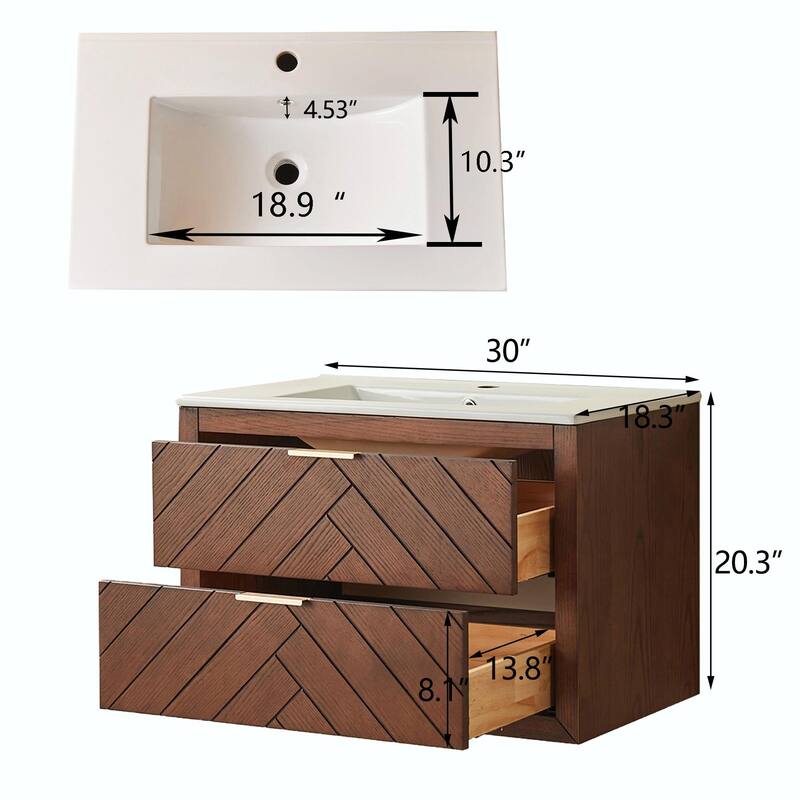 30-inch Wall-Mounted Floating Single Vanity with Ceramic Sink