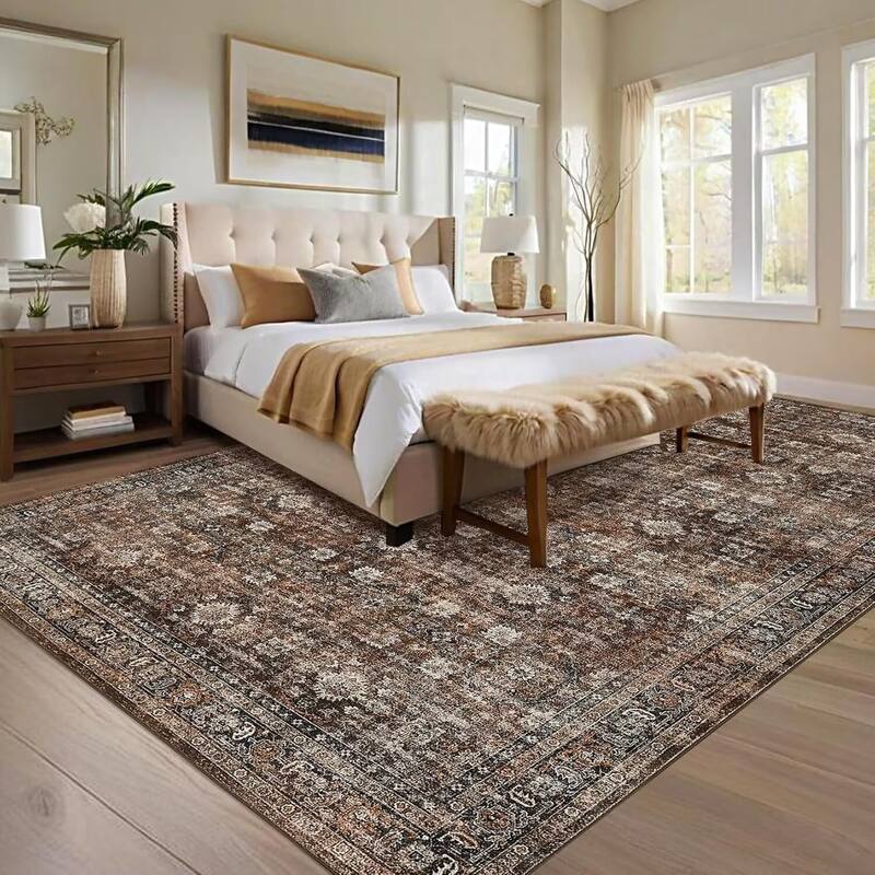 Vintage Floral Rug Non Slip Low Pile Area Rug Soft Throw Rugs for Living Room Bedroom