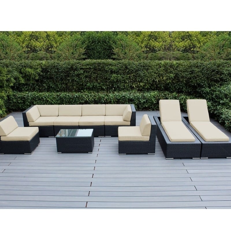 Ohana Outdoor Patio 9 Piece Black Wicker Sofa and Chaise Lounge Set - No Assembly