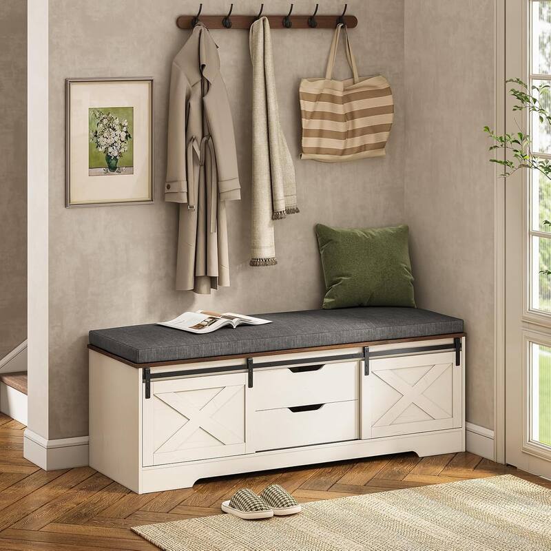 Storage Bench with Cushion Adjustable Shelf Shoe Rack Cabinet