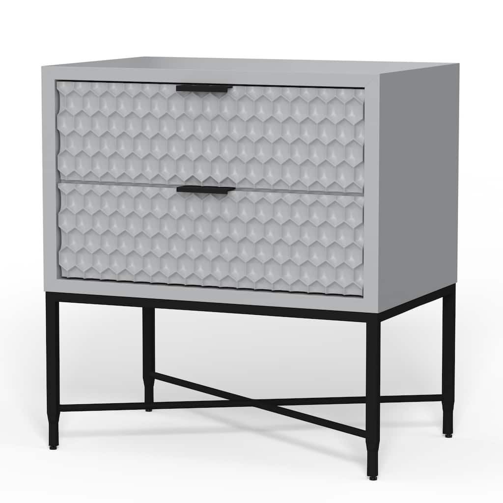 Rexi 26 Inch 2 Drawer Nightstand, Honeycomb, Mahogany, Light Gray, Black