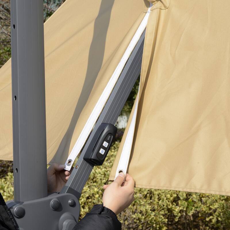 10FT Solar LED Cantilever Patio Umbrella with 360° Rotation, Tilt, and Crank Mechanism for Outdoor Use