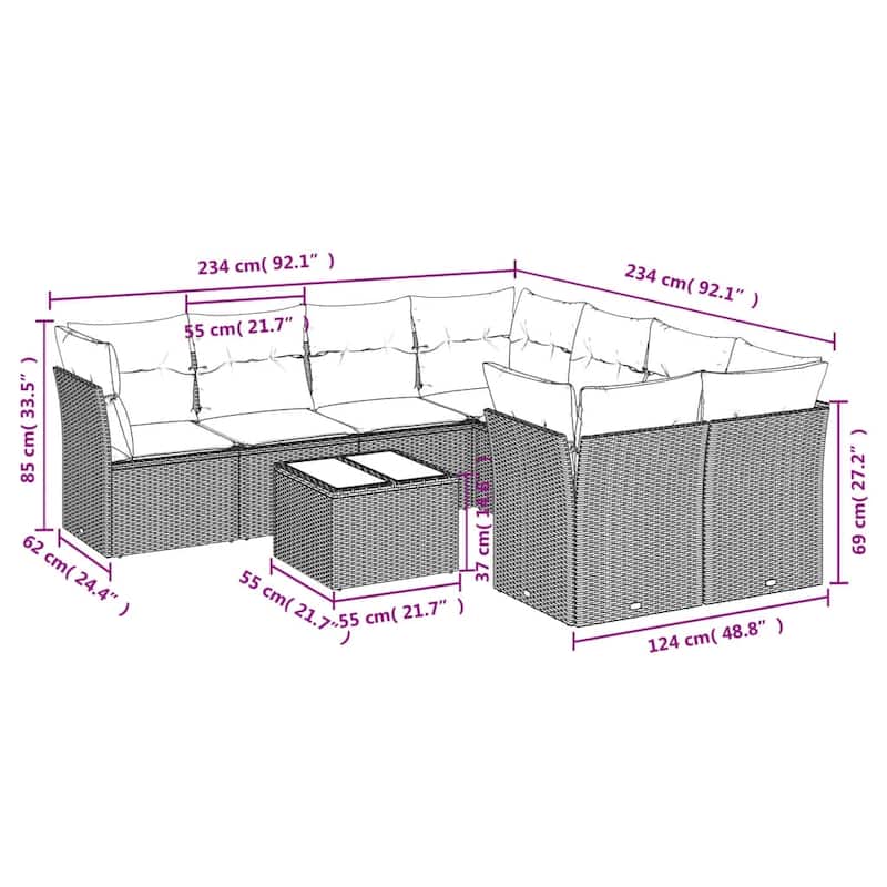 vidaXL 9 Piece Patio Sofa Set with Cushions Black/Brown/Gray Poly Rattan - 24.4 x 24.4 x 27.2