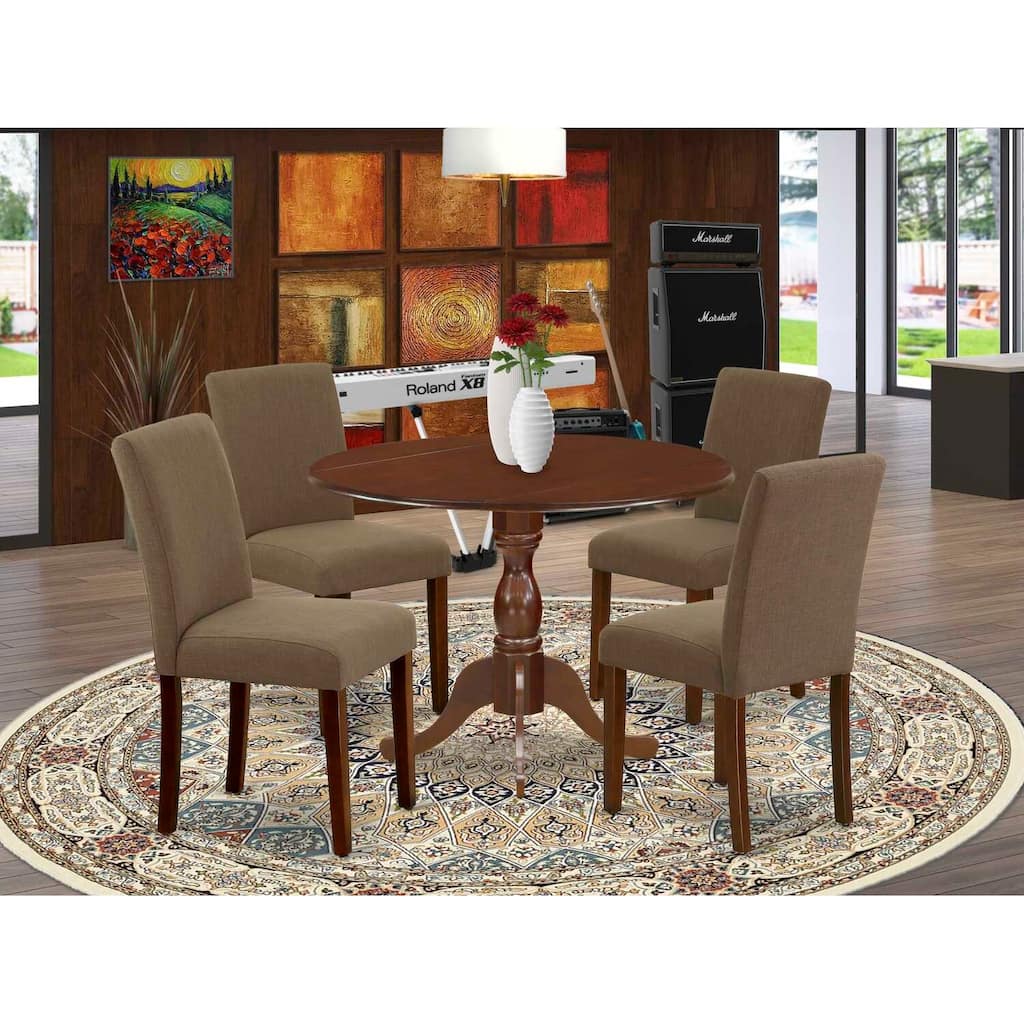 HomeStock 5-Pc Mahogany Finish Solid Wood Top Dining table with 4 Chairs with Drop Leaf
