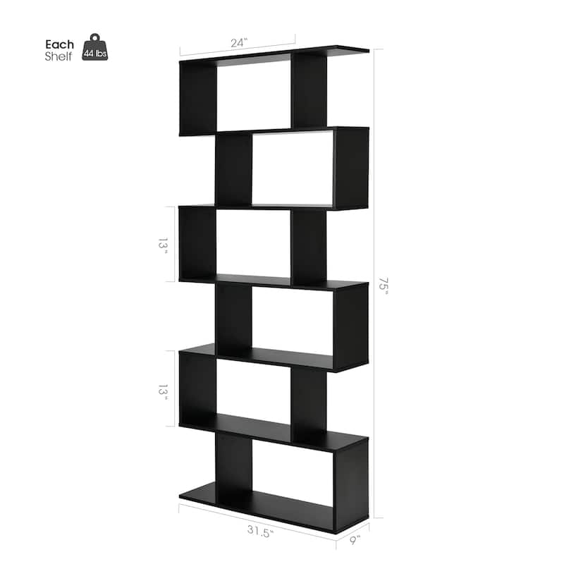 S-Shaped 6-Tier Freestanding Bookshelf with Open Storage Shelves for Living Room or Bedroom