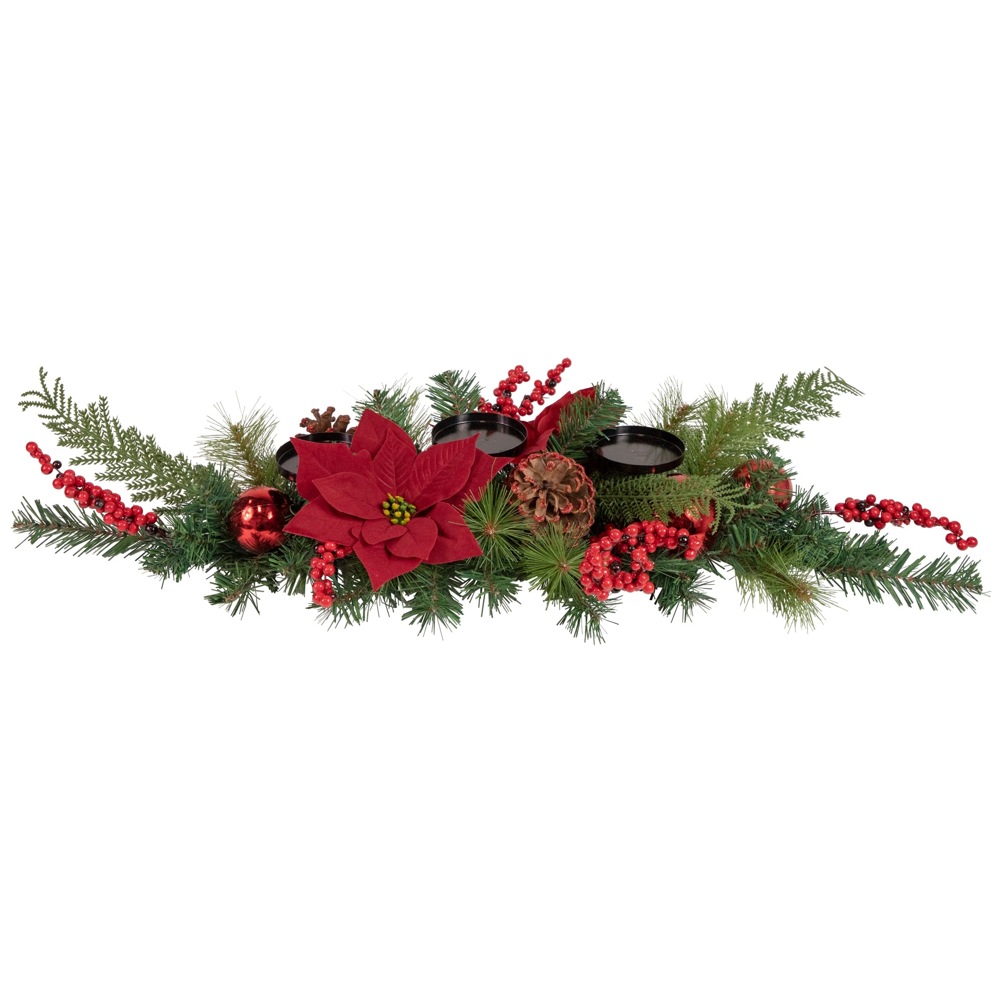 32" Artificial Mixed Pine Berries Poinsettia Candle Holder Centerpiece