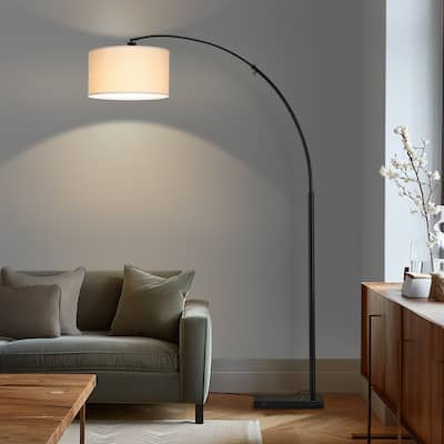 Brightech Logan 76 in. Classic Black Modern Adjustable and Extendable LED Floor Lamp with Beige Fabric Drum Shade
