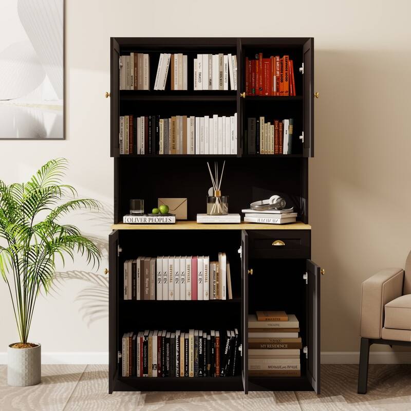 71" Modern Kitchen Pantry Cabinet with Microwave Countertop, Adjustable Shelves & Drawer