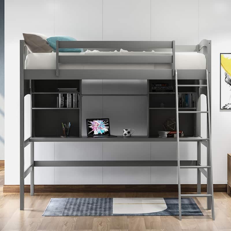 Space-Saving Bookcase Bed Twin Size Loft Bed with Built-in Desk, Storage Shelves, Convertible Ladder and Safety Guardrails - Grey - Twin