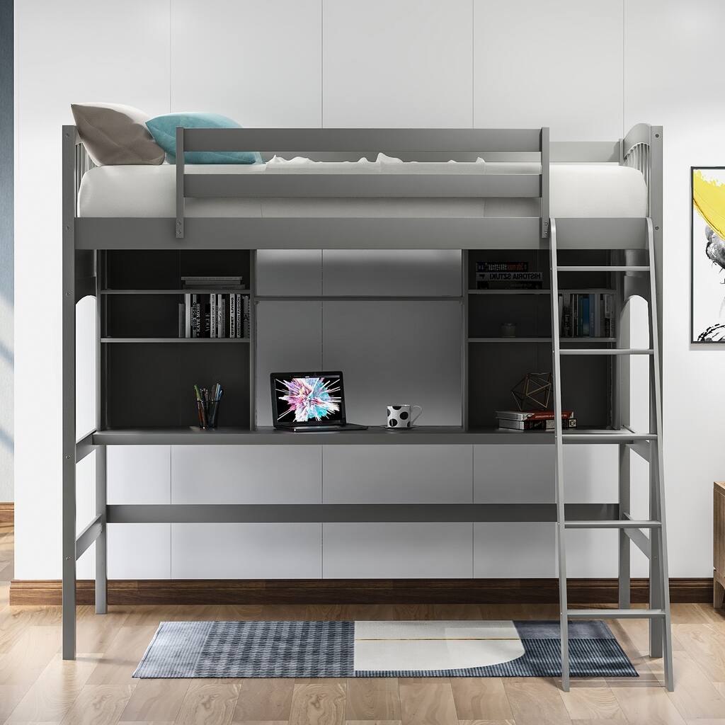 Twin Loft Bed with Desk and Shelves, Space-Saving Design, Solid Pine Wood Frame