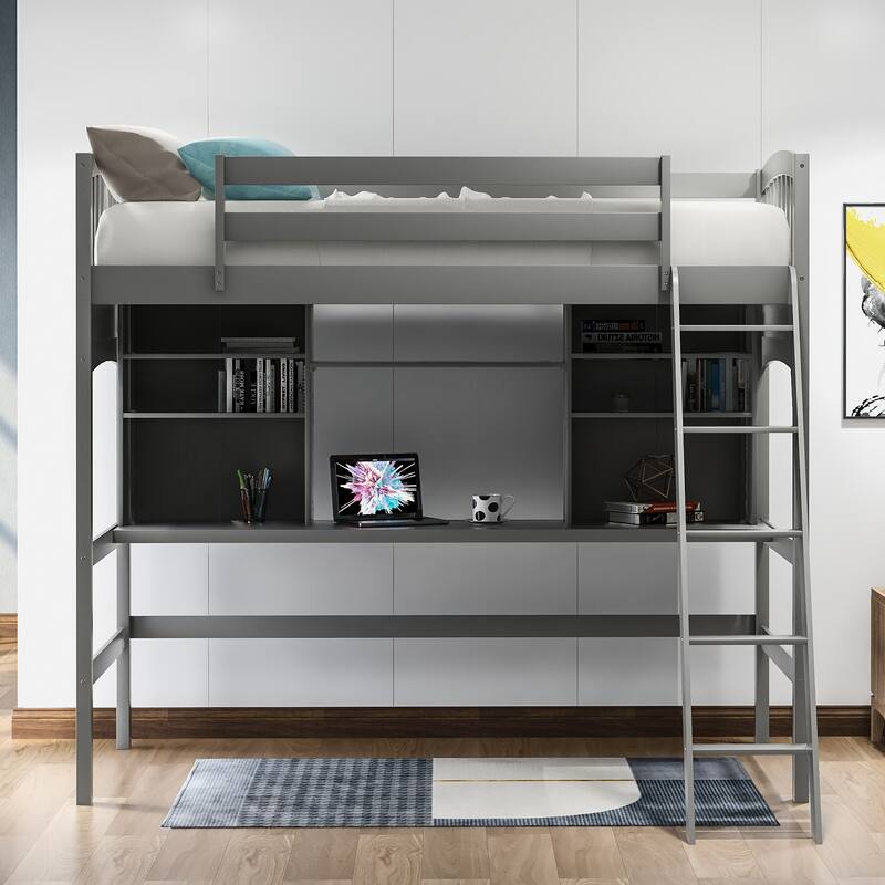 Twin Size High Loft Bed with Built-in Desk, Storage Shelves and Ladder