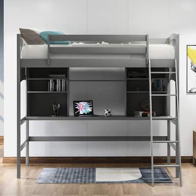 Twin Size Loft Bed with Desk and Shelves, Space-Saving Wooden Frame