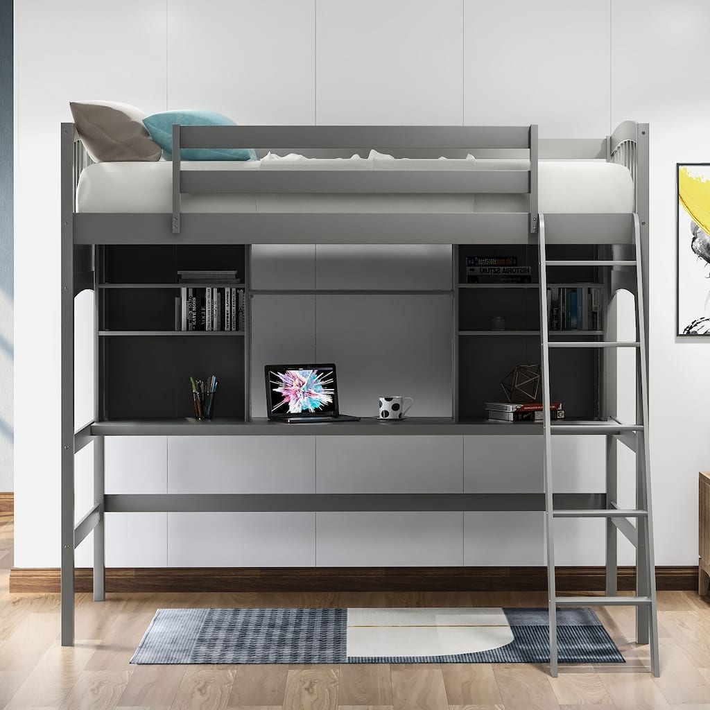 Twin Size Wood High Loft Bed Multi-Functional Study Bed w/Built-in Desk and Ladder, Solid Wood High Loftbed Bedframe w/Guardrail