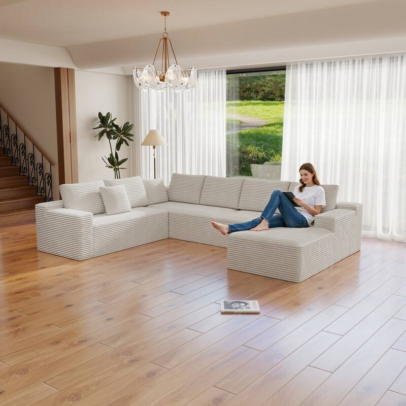Roomfitters 131.9" Modular Sectional Sofa, 4-Piece Compressed Cloud Couch, No Assembly Required, Plush Corduroy, White
