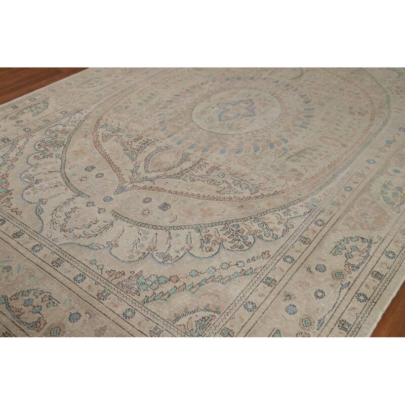 Floral Tabriz Persian Area Rug Beige Handmade Wool Carpet - 7'9"x 11'1"
