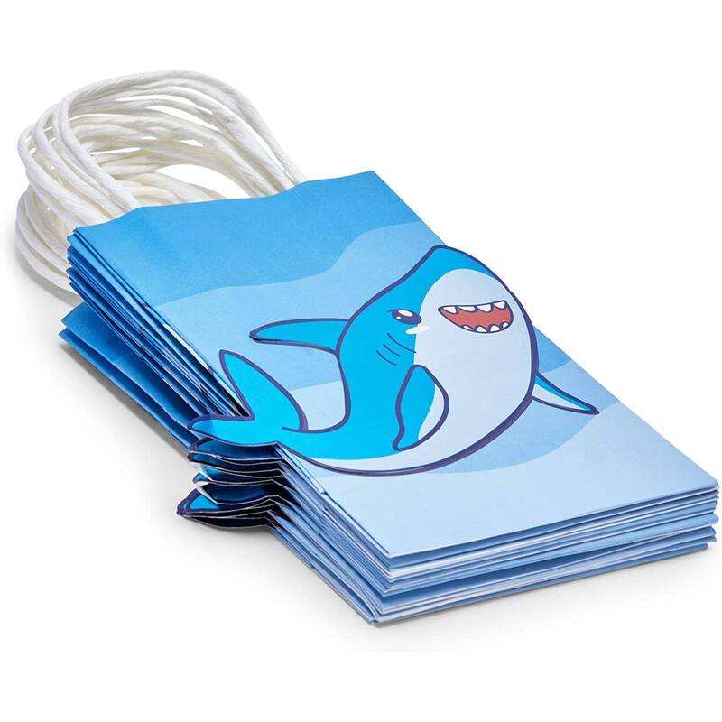 Blue Panda 15 Pack Small Shark Party Bags with Handle for Kids Birthday, Blue, 9 x 5.3 In