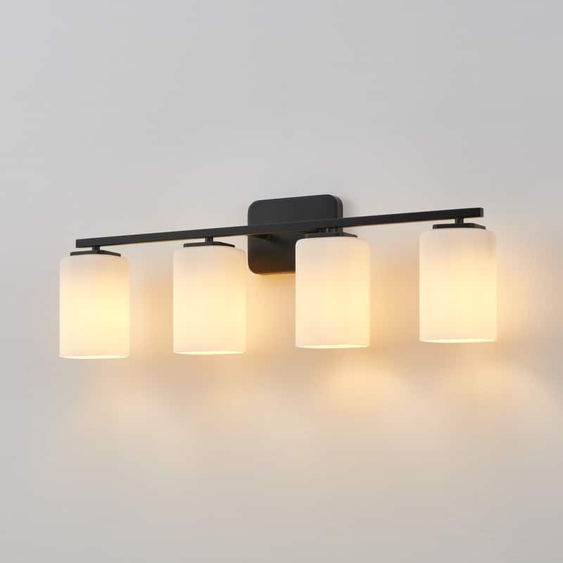 KAWOTI Modern & Contemporary Vanity Light with Frosted Glass Shade - 4-Light(W28.5'') - Matte Black