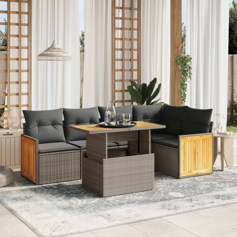 vidaXL Patio Sofa Set with Cushions Outdoor Furniture 6 Piece Poly Rattan - Beige - 21.7 x 39.4 x 28.7 in