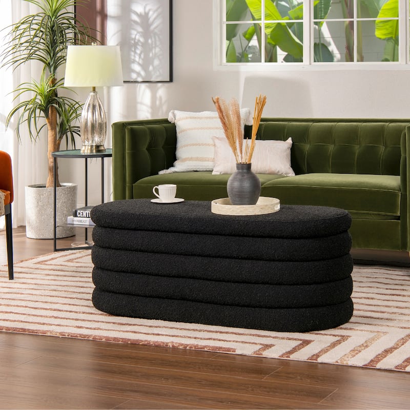 Fuji 49" Boucle Faux Sherpa Upholstered Tufted Oval Storage Bench - Ebony Black