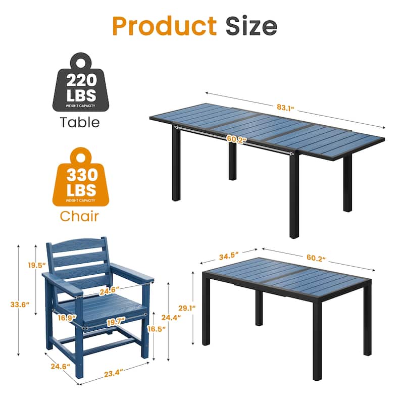 5-Piece HDPE Outdoor Extendable Dining Set with 4 Chairs – All-Weather Patio Furniture - N/A