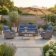 preview thumbnail 95 of 189, Pocassy Outdoor Wicker Sofa with Swivel Chair Fire Pit Table Furniture Set. Brown Wicker & Blue Cushion - 5 Pieces Sofa Siwvel Chair with Coffee Table