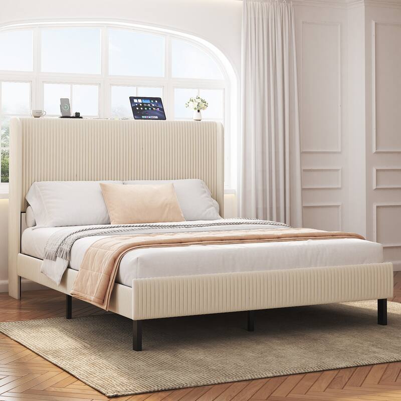 Velvet Upholstered Wingback Platform Bed, Modern Heavy Duty Metal Bed Frame with Charging Station