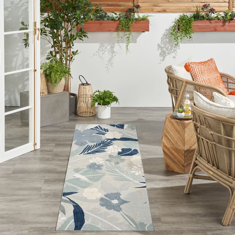 Nourison Suncoast Indoor/Outdoor Floral Area Rug. - 2' x 6' - Grey/Navy