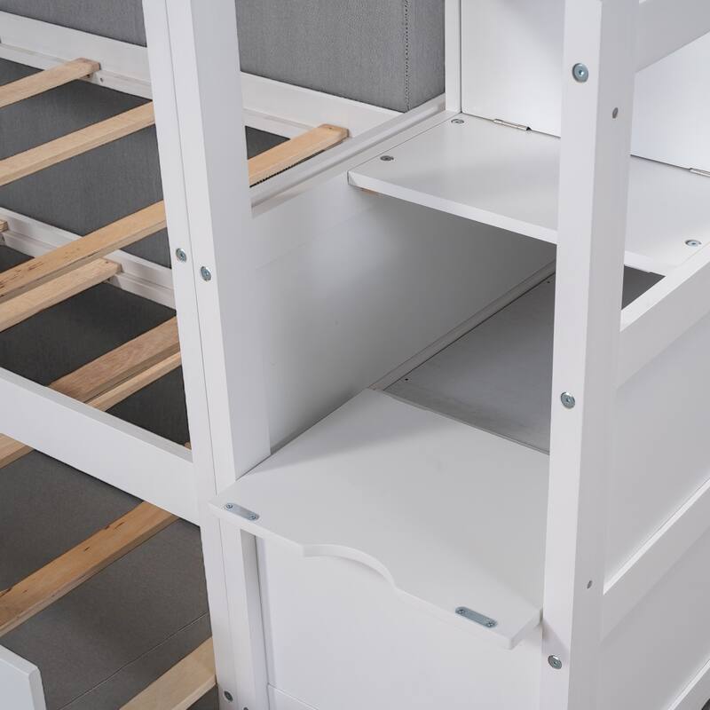 Twin Over Twin Bunk Bed with Trundle and 3 Storage Stairs, Solid Wood Frame, No Box Spring Required