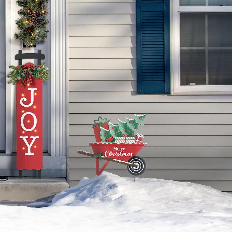 Glitzhome 30"H Metal Merry Christmas Wagon Yard Stake Wall Decor