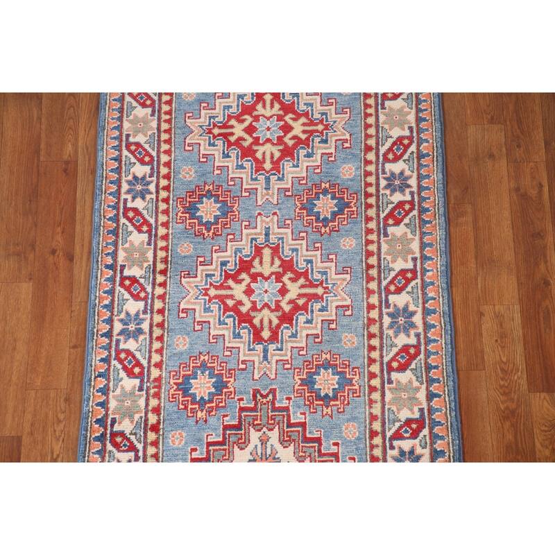 Light Blue Geometric Kazak Accent Rug Hand-Knotted Wool Carpet - 2'7" x 6'4"