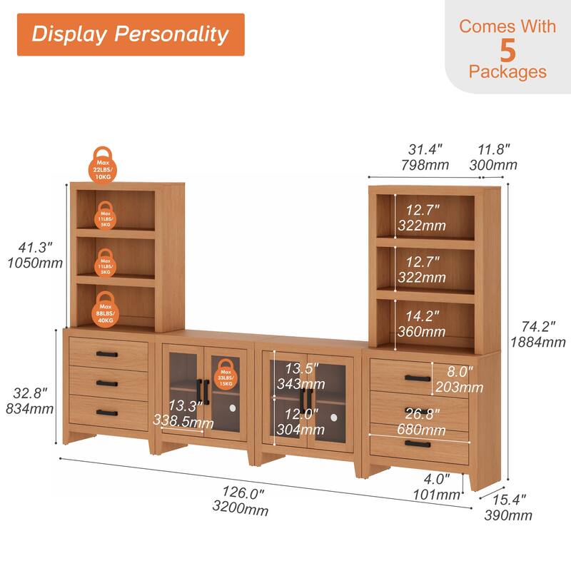 WAMPAT Farmhouse Entertainment Center with Bookshelves, Modular TV Stand with Drawers & Glass Doors - 126"W x 72.2"H x 15.4"D
