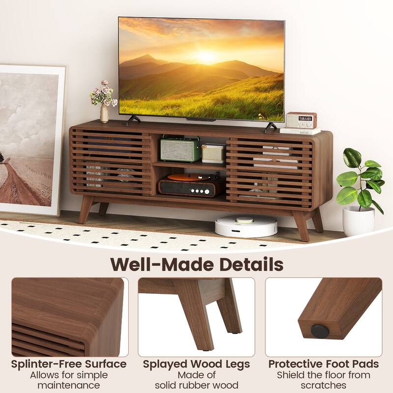 Gymax TV Stand w/Sliding Doors Adjustable Shelves & Rubber Wood Legs