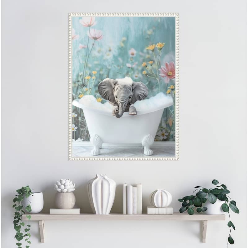 Blue Blossom Elephant Bath by Niky Rahner Framed Canvas Wall Art