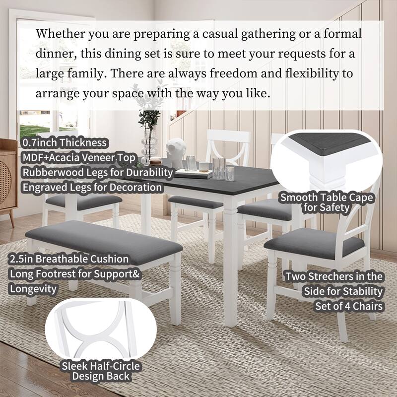 Kitchen Wood Dining Table Set with Upholstered Bench & 4 Dining Chairs
