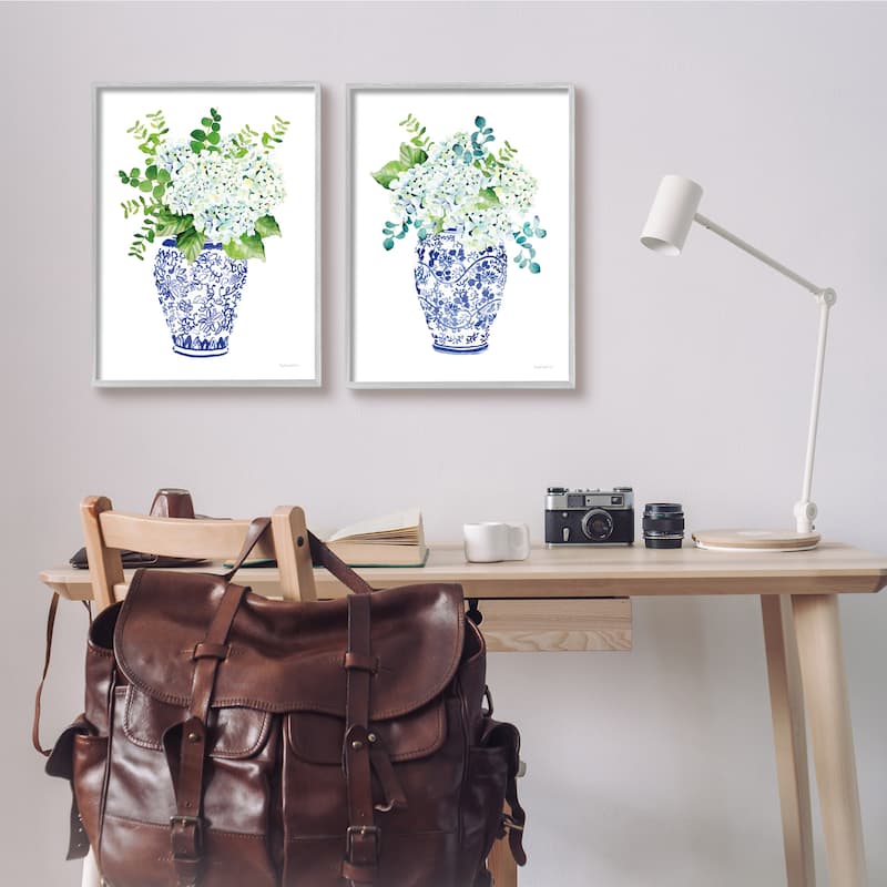 Stupell Blue Floral Bouquets Lush Green Botanicals Ornate Pot 2pc Multi Piece Framed Wall Art Set