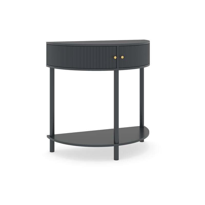 Wave-Pattern Console Table with Dark Gray Finish,Unique Half Moon Design End Table with 2 Storage Drawers and Bottom Shelf