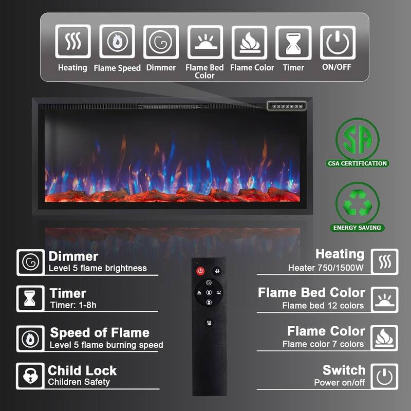 BOSSIN Recessed Wall Mount Electric Fireplace - Ultra-Narrow Frame, Low Noise, Remote w/Timer, Adjustable Flame Color & Speed