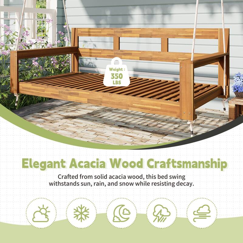 Patio Wooden Twin Size Porch Swing Daybed with 4 Hanging Ropes