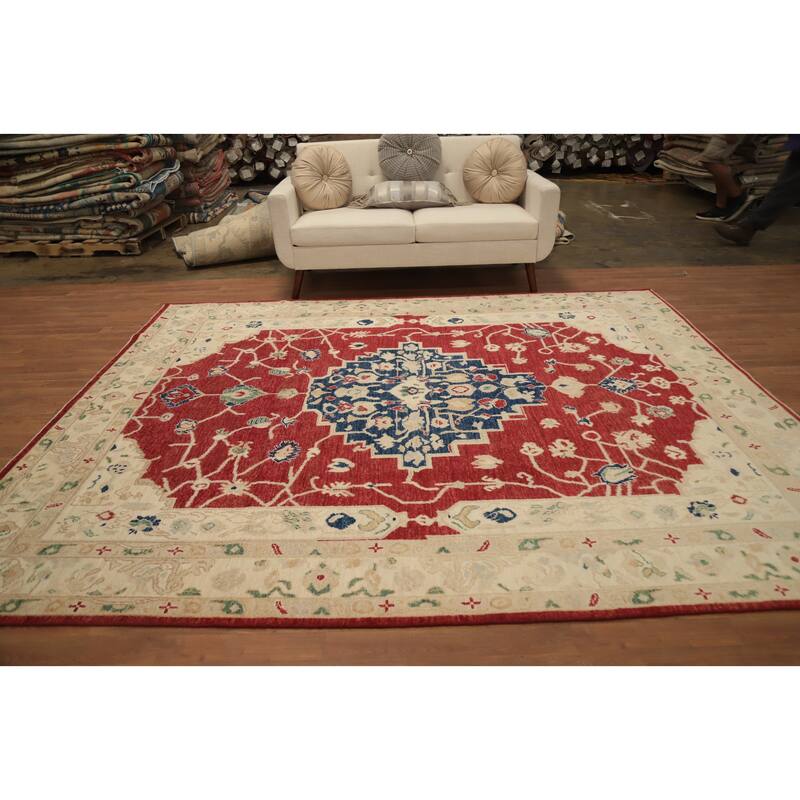 Hand Knotted Oriental 100% Wool Carpet Transitional Medallion Red Oushak Area Rug - 9' 8'' X 8' 2''