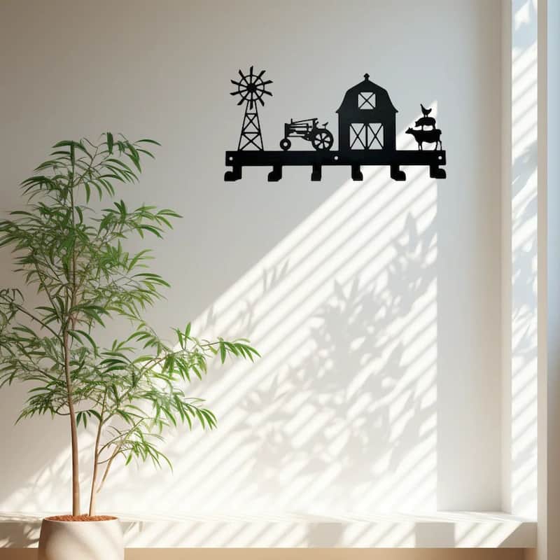 Black Metal Wall-Mounted Towel Hook Rack 6 Hooks Space-Saving Bathroom Storage Organizer - 11.57”L x 6.02”H