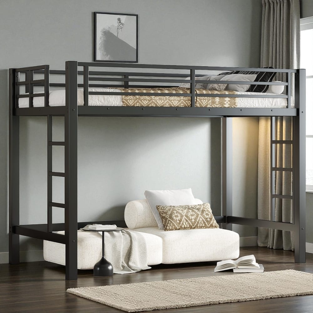 Twin/Twin XL/Full/Queen Size Metal Loft Bed with Guardrails and Dual Ladders, Space-Saving Loft Bed Frame for Bedroom or Dorm