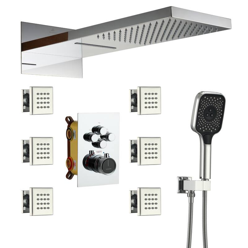 Wall Mounted 20 Inch Dual-function Rainfall Shower Head 4 Function Thermostatic Shower System - Chrome