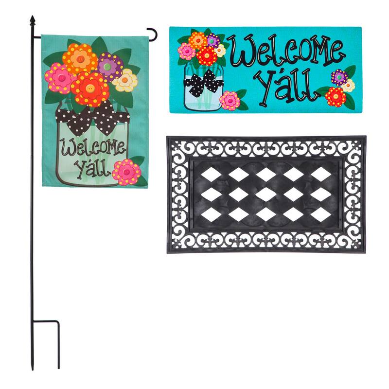 Welcome Y'all Burlap Garden Flag and Sassafras Mat Set