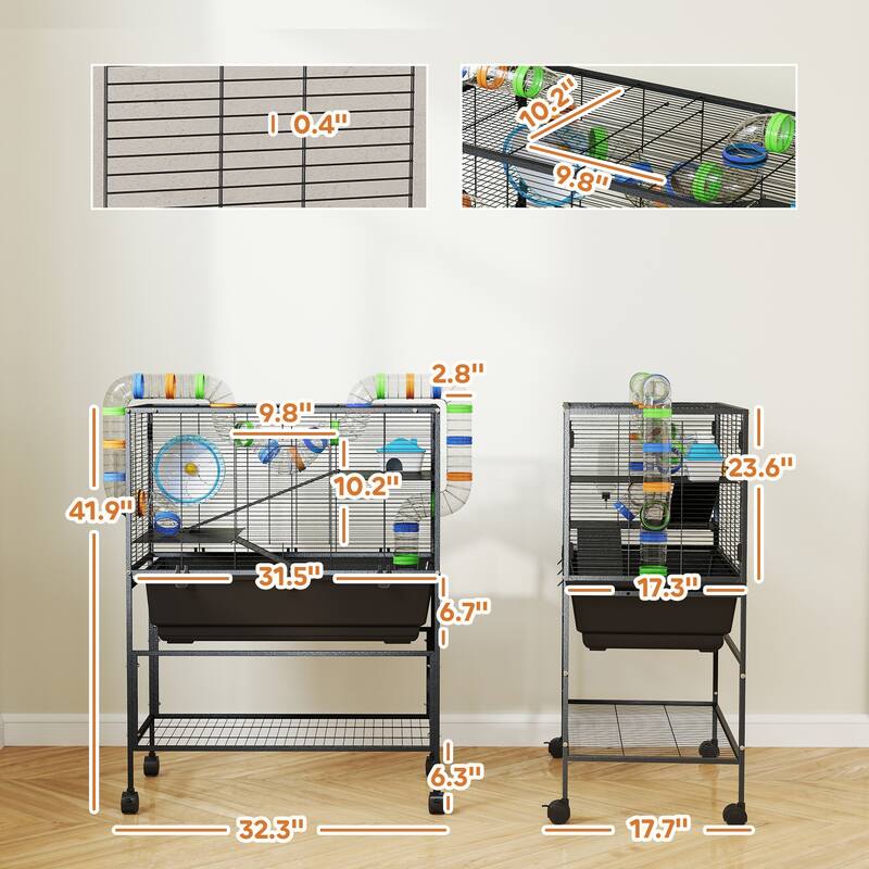 Three-Tier Hamster Tank with Wheels, Storage Shelf and Accessories - 32.3" L x 17.7" W x 41.9" H
