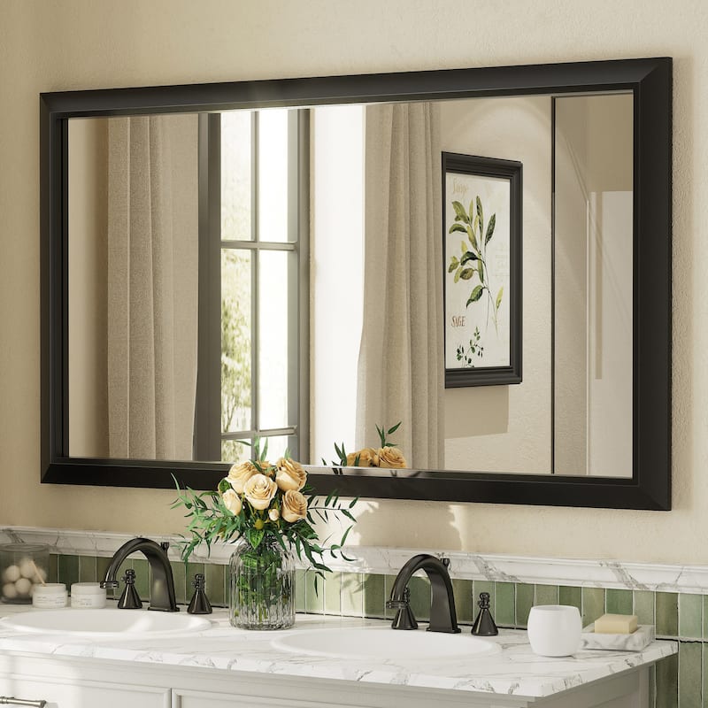 Beveled Metal Rectangle Framed Bathroom Vanity Tempered Glass Mirrors - 55" x 32" - Black