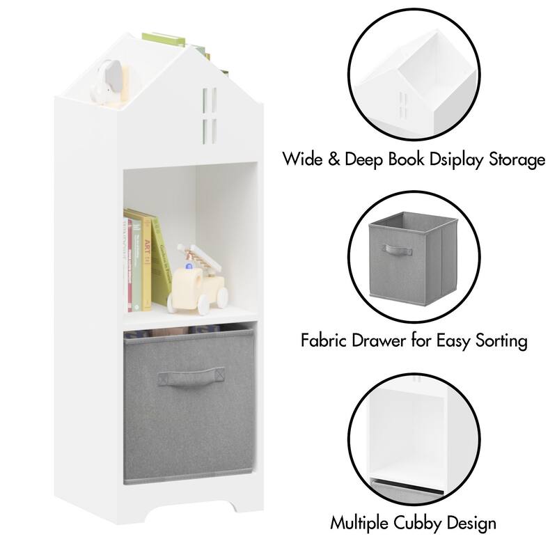 Kids Dollhouse Bookcase with Storage, 2-Tier Storage Display Organizer, Toddler Bookshelf with Collapsible Fabric Drawers