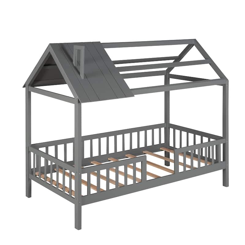 Pine House Platform Bed with Roof and Fence
