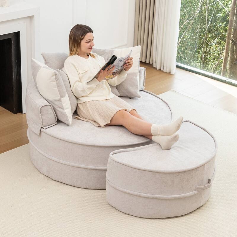 47.63" Round Lazy Fully Compression Sofa, Chenille, with Ottoman