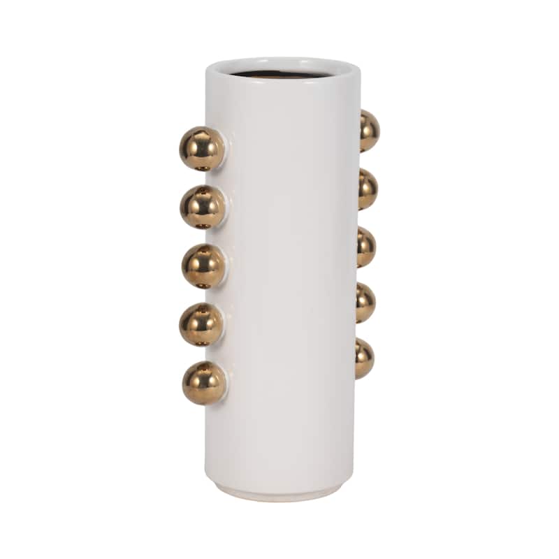 Sagebrook Home White/Gold Ceramic Cylinder Vase With Side Knobs