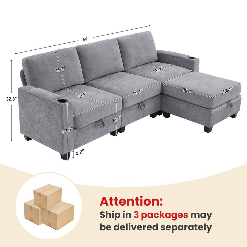 Chenille Sectional Sofa, Hidden Storage & Modular Design